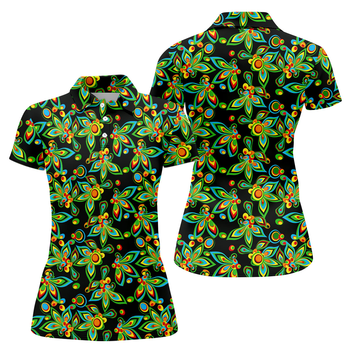Black Colorful Floral Geometric Pattern Golf Shirt, Women's Golf Tops, Women’s Golf Apparel, Printed Golf Shirt