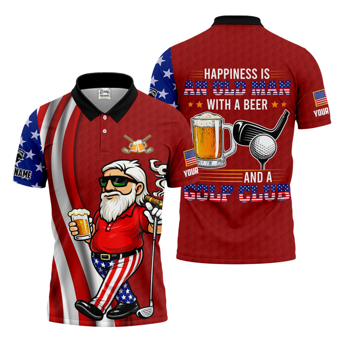 Happiness Is An Old Man With A Beer Funny 4th Of July Red Golf Shirt, 250th Anniversary Golf Shirts For Men