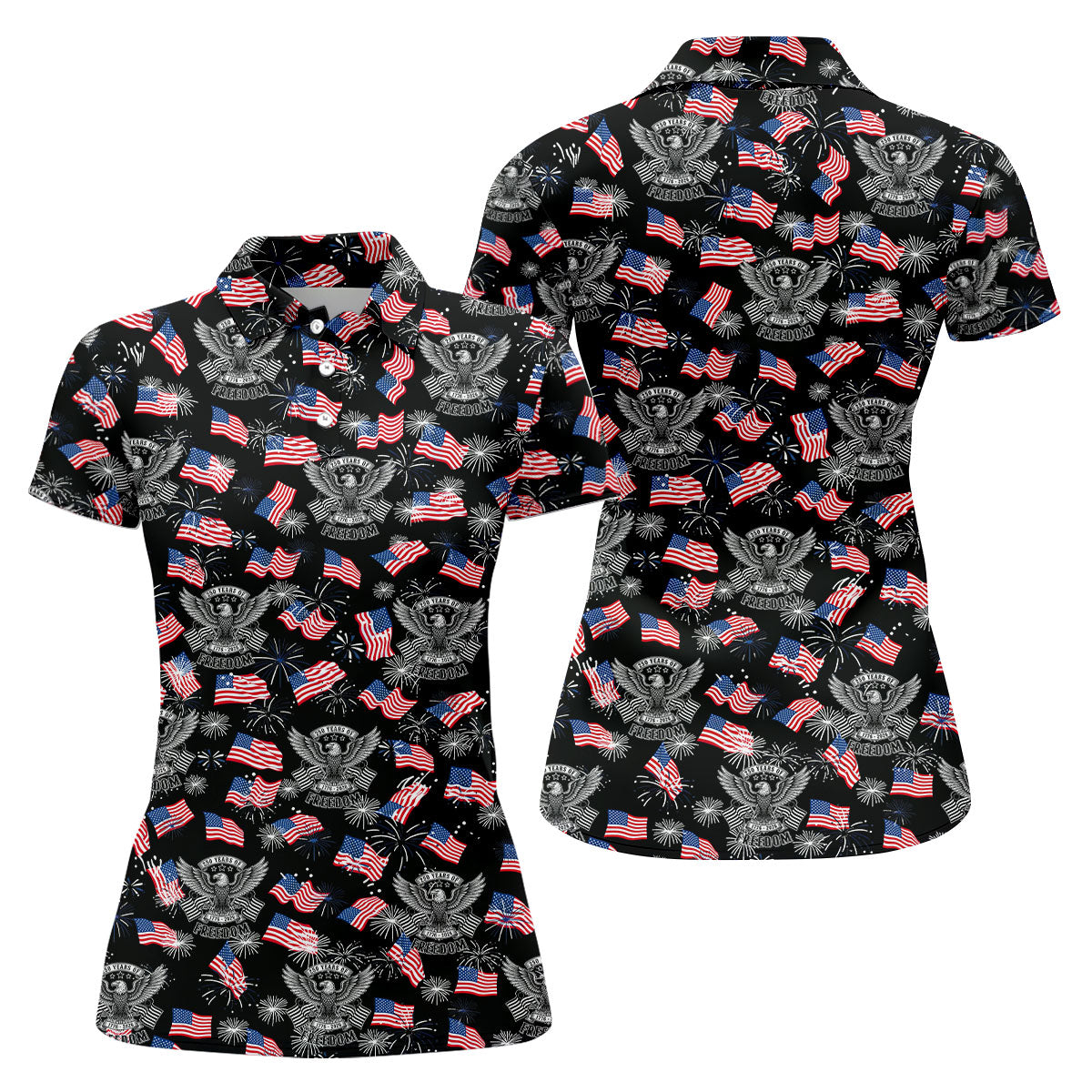 250 Years Of Freedom Festive Flag Vintage Black Golf Shirt, Patriotic 4th Of July Golf Shirt For Women