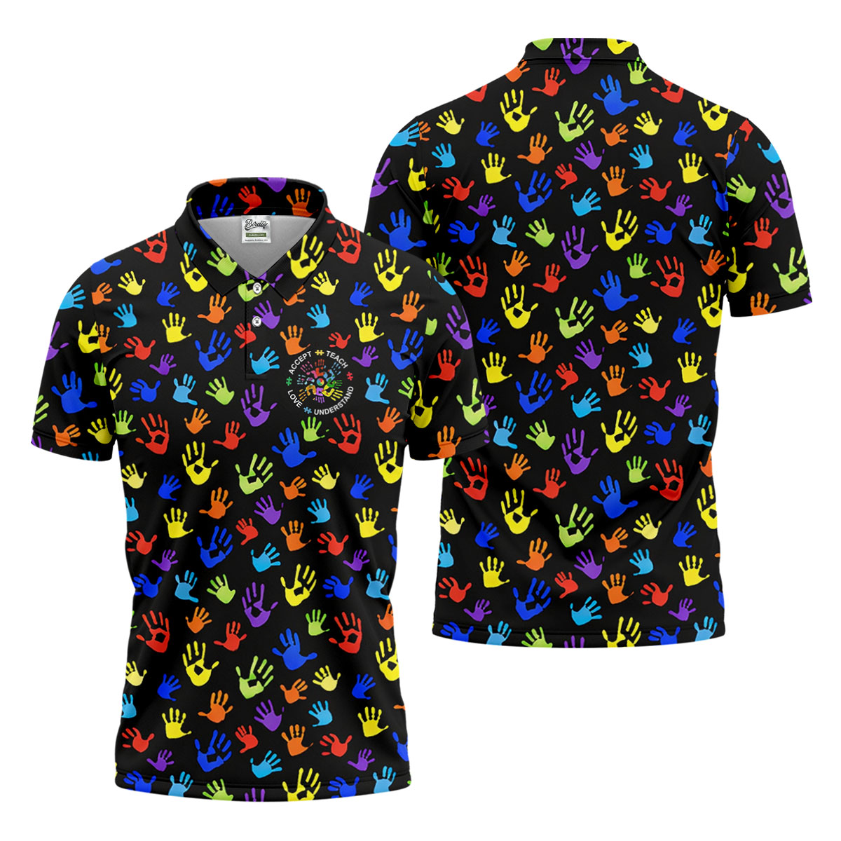 Accept Teach Understand Love Autism Awareness Colorful Handprint Black Golf Shirt, Golf Shirts For Men