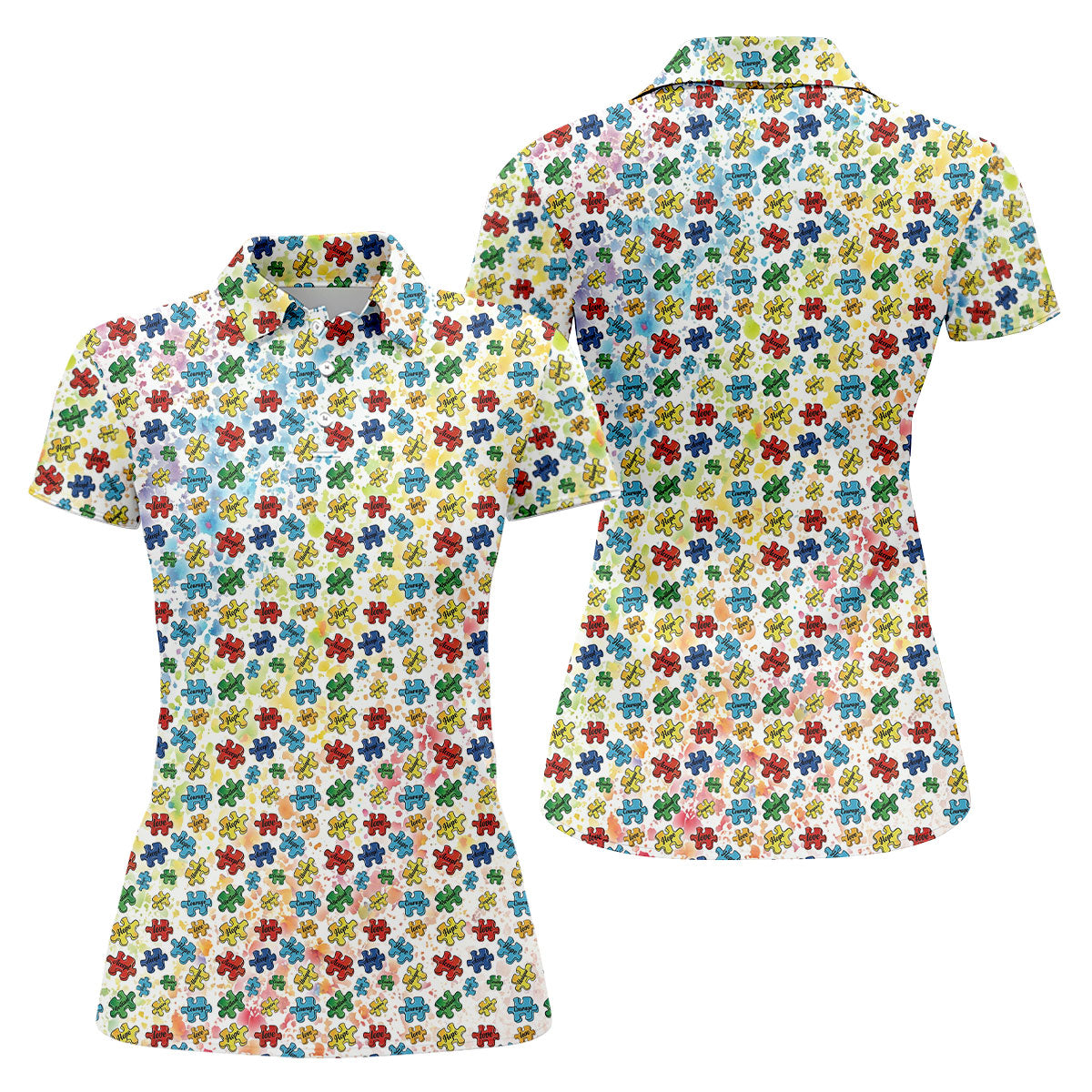 Autism Awareness Jigsaw Puzzle Pieces Rainbow Paint Splatter Golf Shirt For Women, Ladies Golf Polos