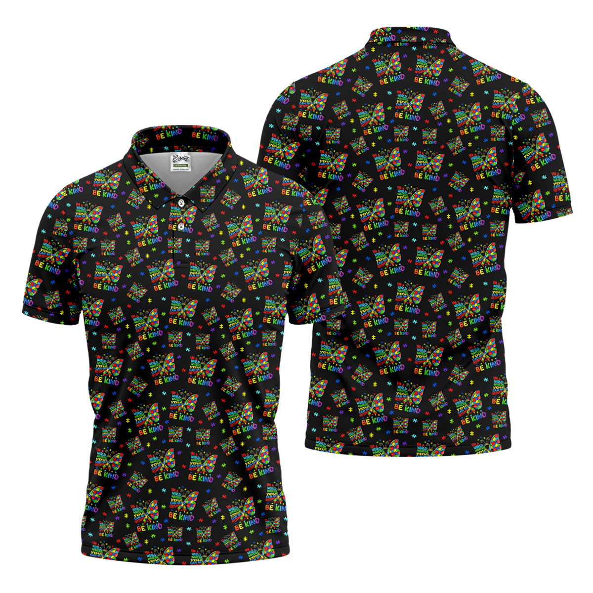 In A World Where You Can Be Anything Be Kind Rainbow Butterfly Autism Awareness Black Golf Shirt, Golf Shirts For Men