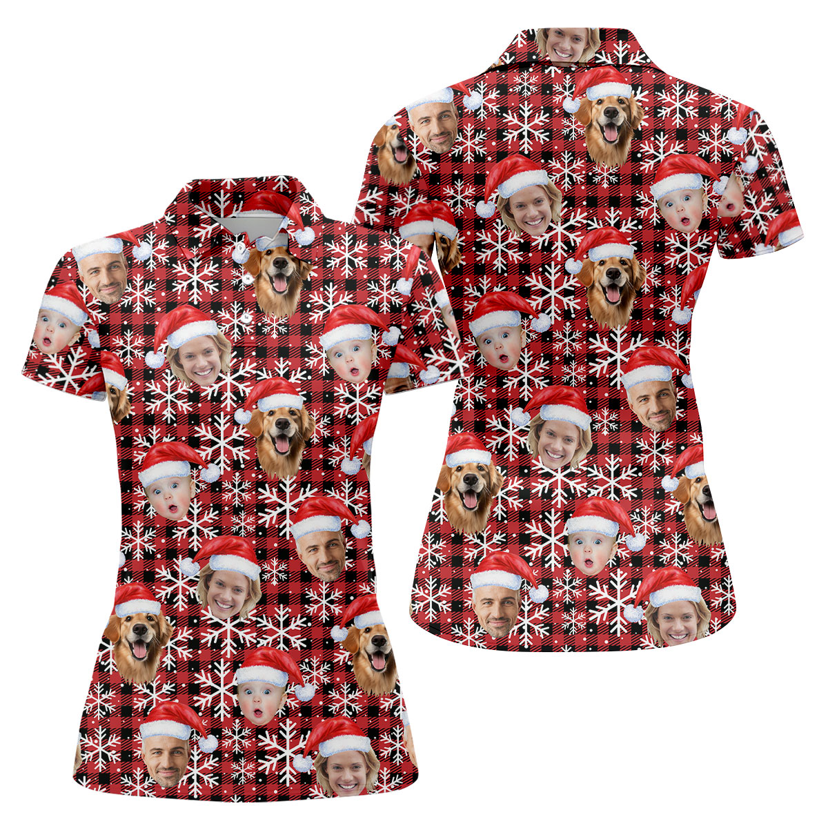 Custom Face Red And Black Checkered, Christmas Golf Shirt, Women's Golf Tops, Golf Gift For Ladies