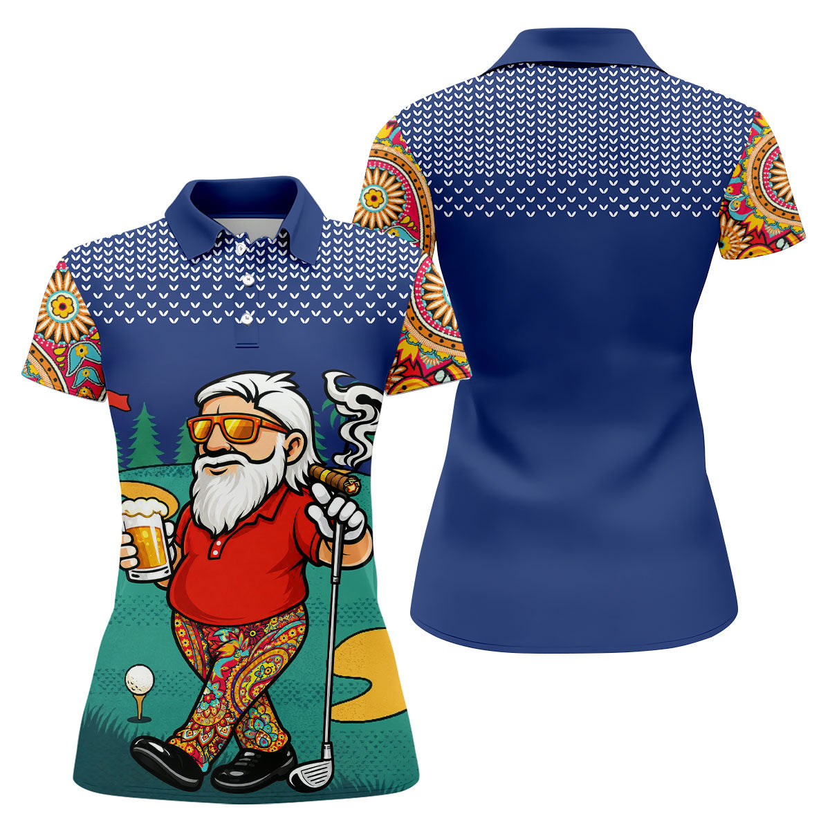 Women's Funny Golf Santa Beer And Cigar Polo Shirt, Hawaiian Golf Shirt, Women’s Golf Polo, Women’s Golf Apparel