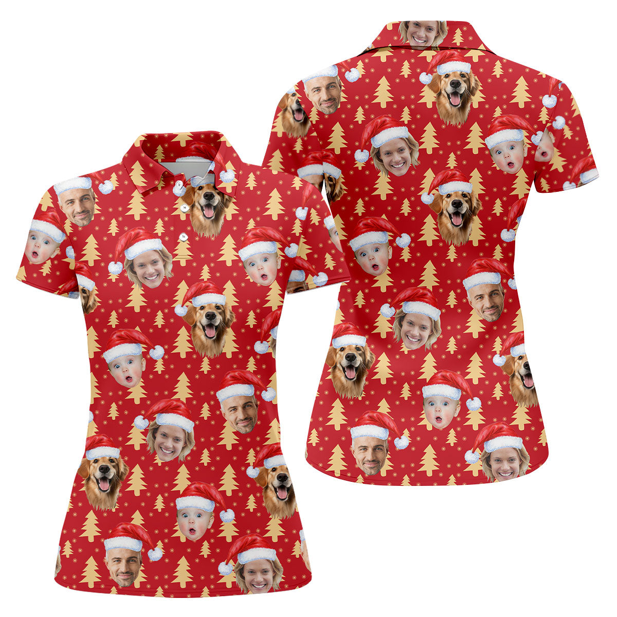 Custom Face Golden Pine Tree Red Golf Shirt, Christmas Golf Shirt, Ladies Golf Shirts, Golf Gifts For Women