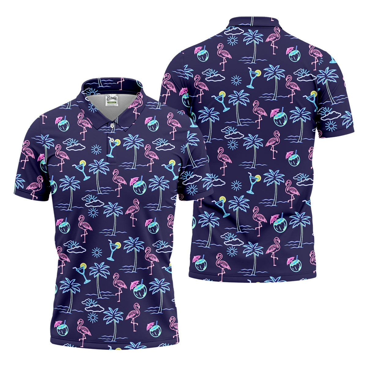 Neon Line Tropical Flamingo Hawaiian Golf Shirt, Polo Shirtor Men, Golfing Apparel