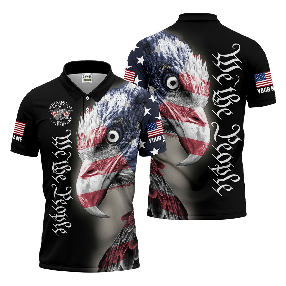 We The People Patriotic Bald Eagle 250 Years American Flag Golf Shirt, 250 Years 4th Of July Golf Shirts For Men