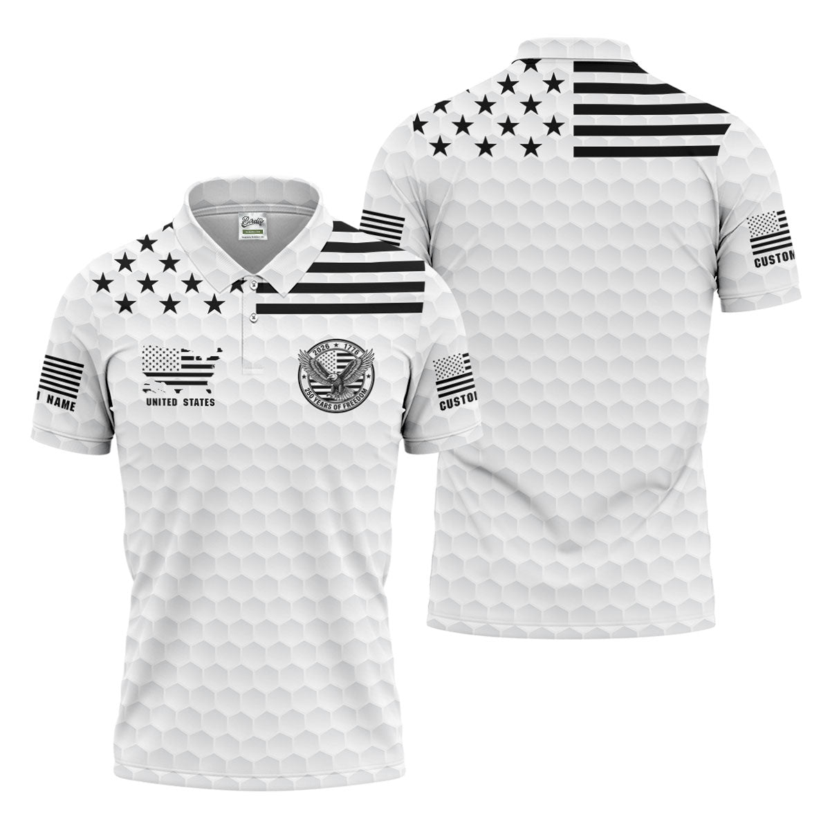 250 Years Of Freedom Golf Ball Pattern White Golf Shirt, 4th Of July Patriotic Golf Shirts For Men