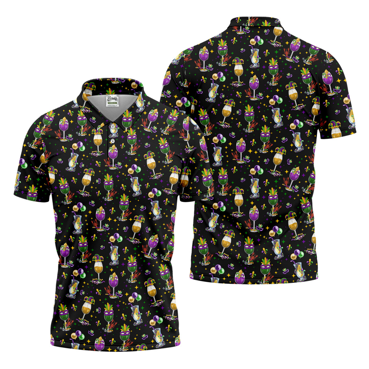Mardi Gras Wine Glass Beaded Garland Fleur De Lis Black Golf Shirt, Polo ShirtFor Men, Golf Shirts For Men