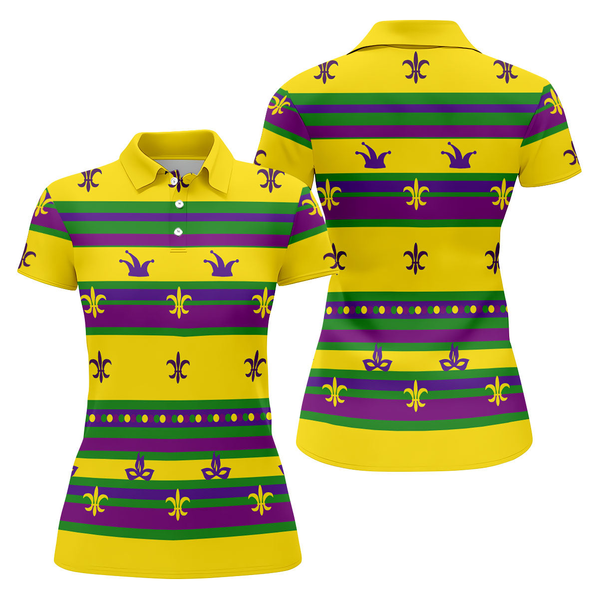 Mardi Gras Fleur De Lis Purple Green Gold Horizontal Stripes Women's Golf Shirts, Ladies Golf Polos