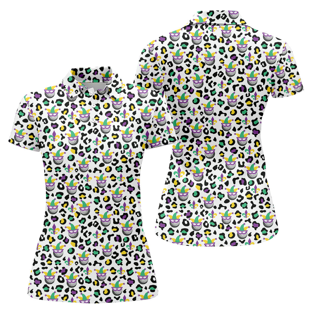 Mardi Gras Mask Leopard Spots Funny Golf Ball Women's Golf Tops, Fun Women's Golf Shirts, Ladies Golf Polos