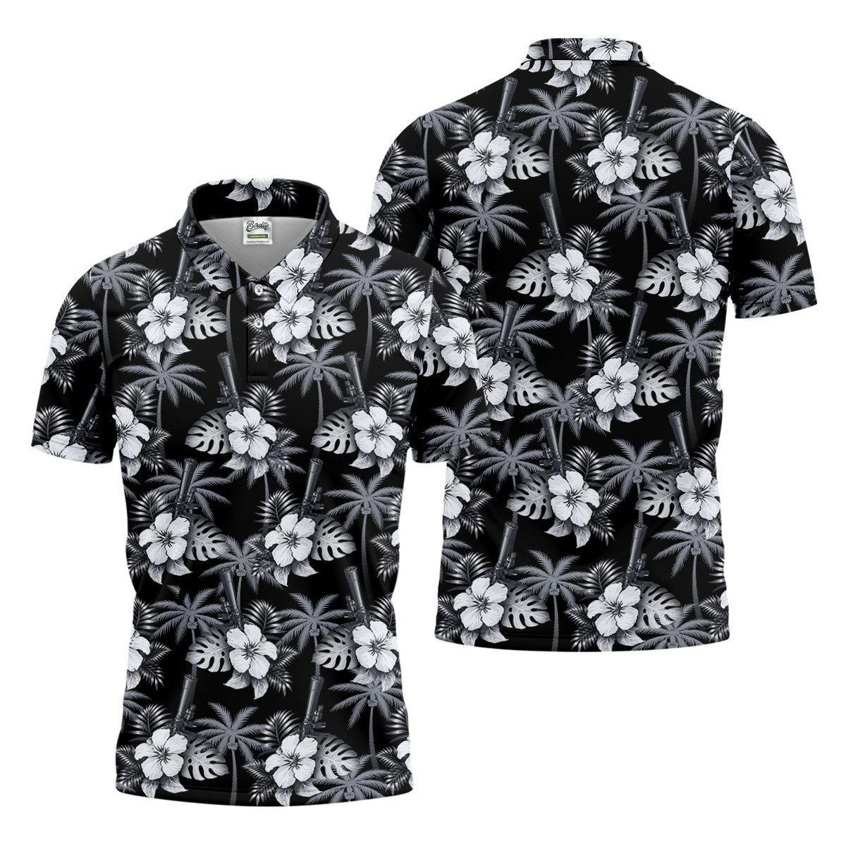 White Hibicus Black Hawaiian Golf Shirt, Tropical Summer Theme Golf Shirts For Men