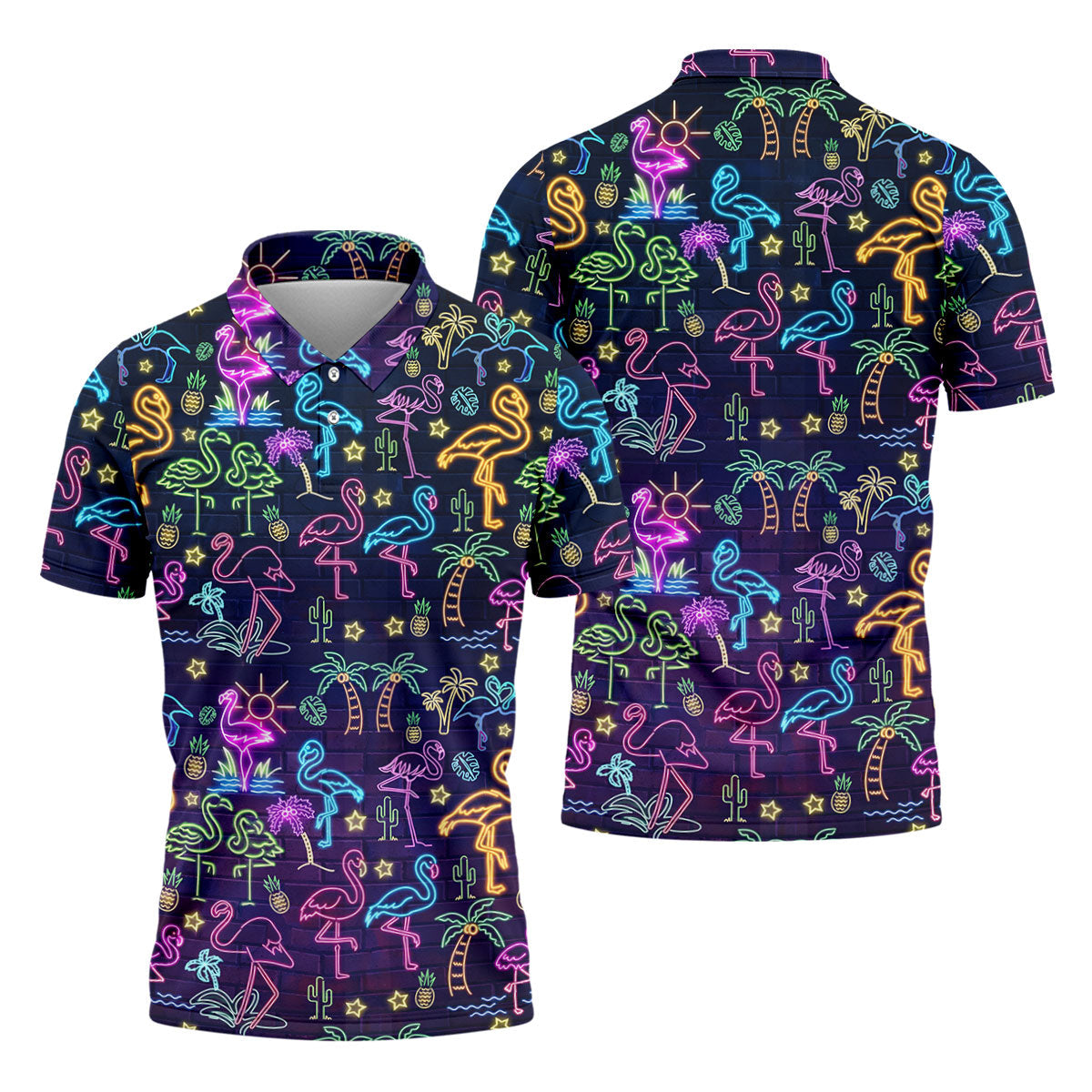 Neon Flamingo Tropical Night Golf Shirt, Golf Polo Shirts For Men, Hawaiian Golf Shirt, Mens Golf Apparel