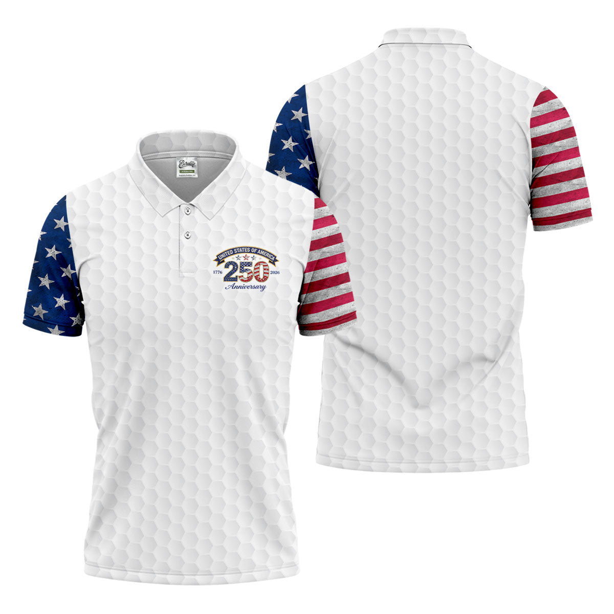 250th Anniversary Golf Ball Pattern White Golf Shirt, Patriotic 4th Of July Golf Shirt, Golf Shirts For Men