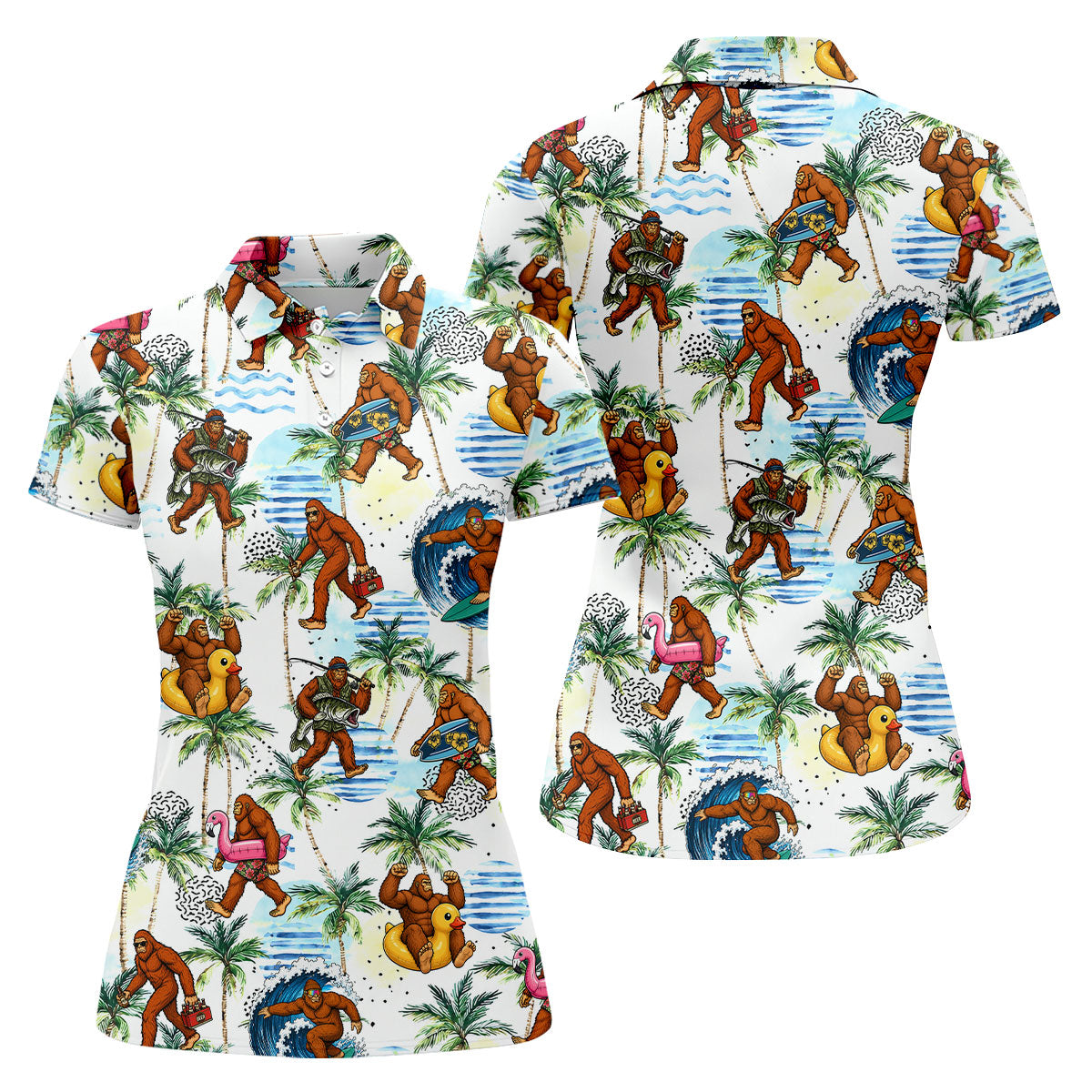 Tropical Bigfoot Surfing Fishing Beach Golf Shirt, Golf Tops For Women, Ladies Golf Shirts, Women’s Golf Apparel