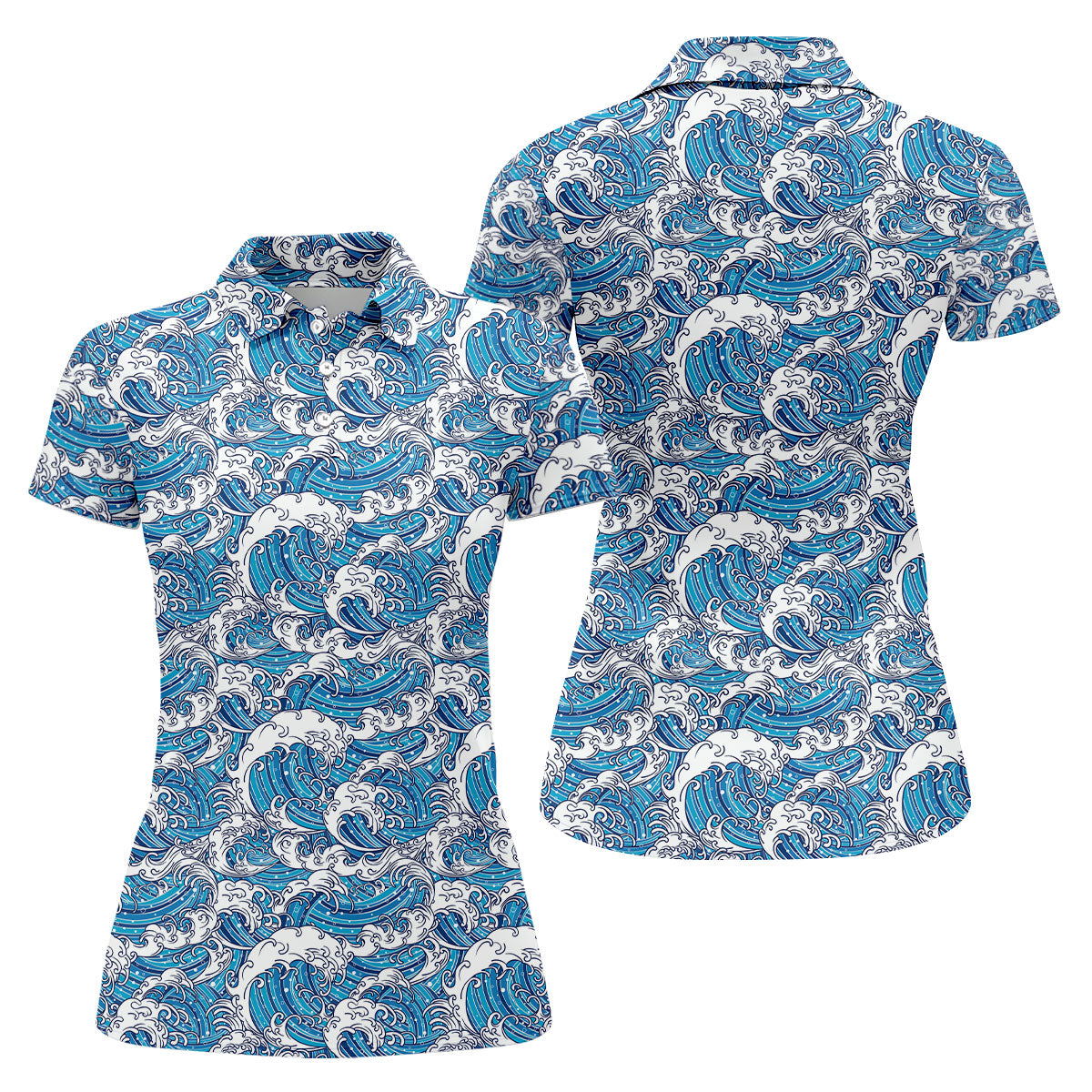 Japanese Wave Art Hawaiian Golf Shirt, Summer Ocean Women's Golf Tops, Ladies Golf Shirts