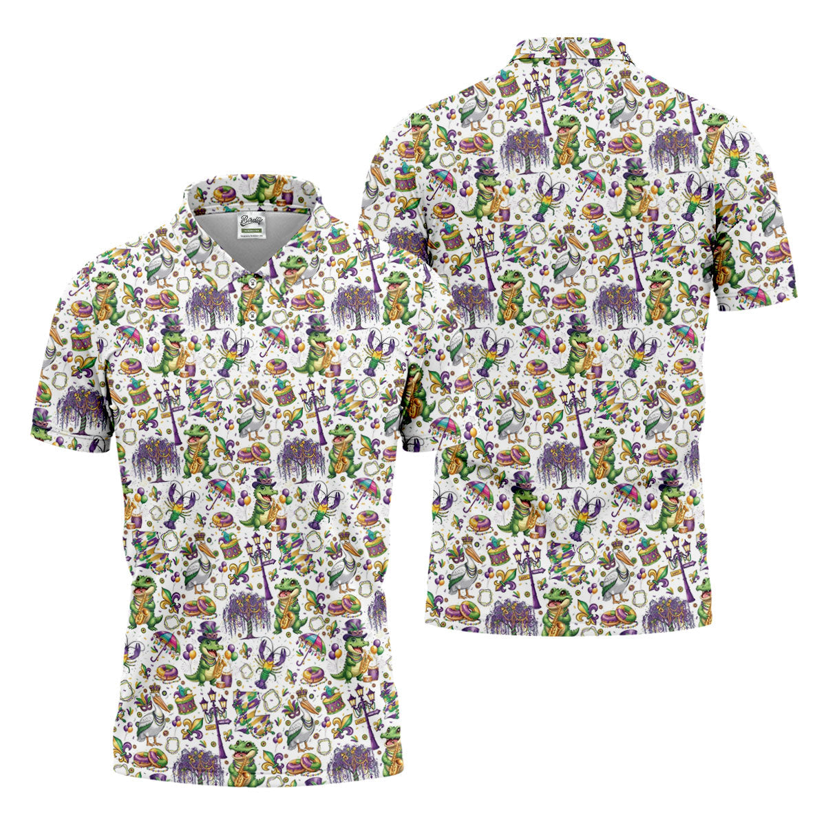 Mardi Gras Fleur De Lis Animal Band White Golf Shirt, Golf Tops For Men, Polo Shirt Men