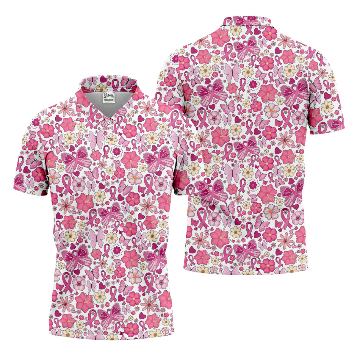 Breast Cancer Pink Ribbon Floral Golf Shirt, Cancer Awareness Shirt, Polo Shirtor Men, Golfing Apparel