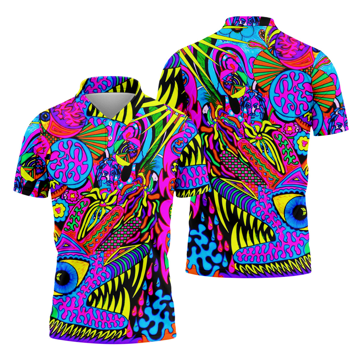 Neon Psychedelic Abstract Eye Pattern Golf Shirt, Mens Golf Polo, Printed Golf Shirts, Golf Polo Shirts For Men