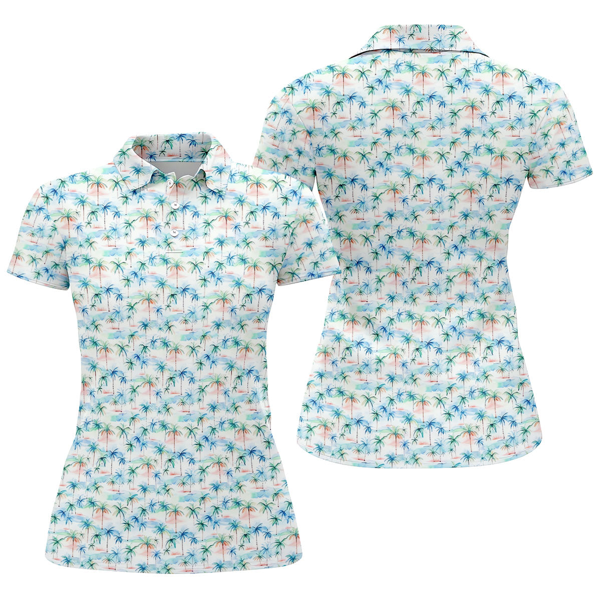 Watercolor Palm Tree Hawaiian Golf Shirt, Summer Vibe Women's Golf Tops, Ladies Golf Shirts