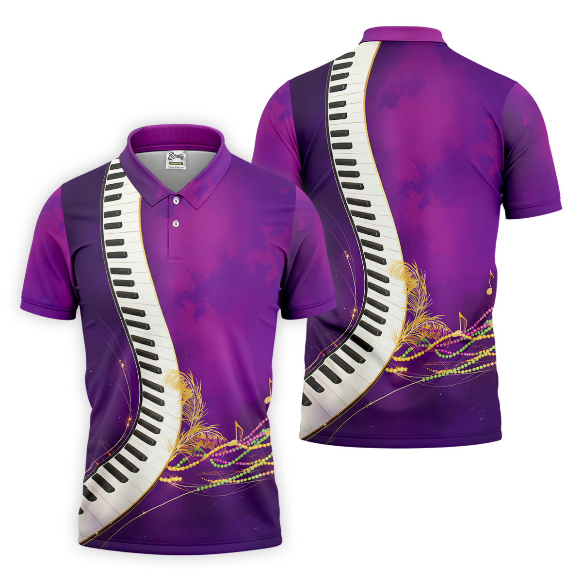 Mardi Gras Feather Beads Piano Keyboard Print Purple Golf Shirt, Polo ShirtFor Men, Golf Shirts For Men