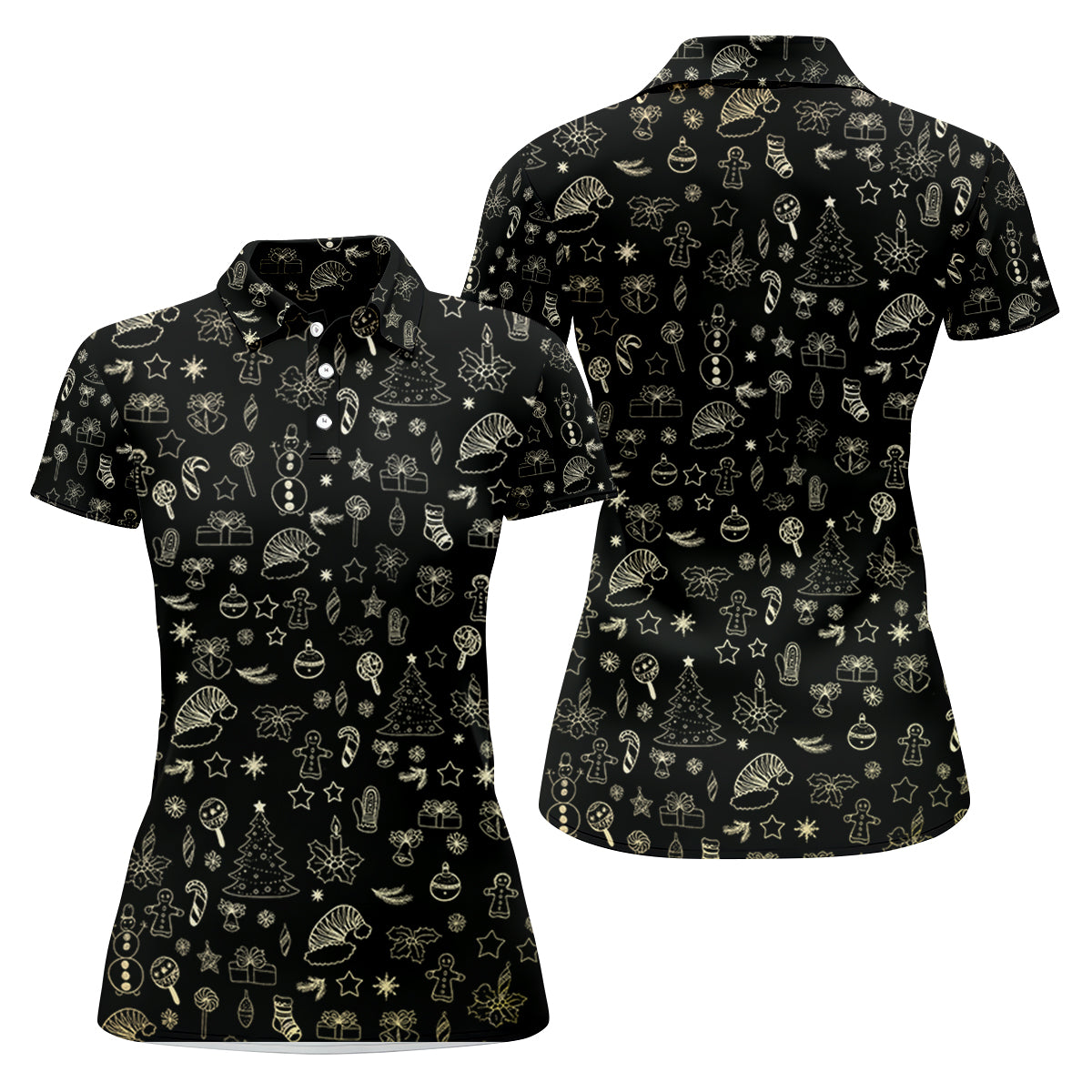 Festive Christmas Golden Pattern Women Golf Top, Christmas Golf Shirt, Ladies Golf Tops