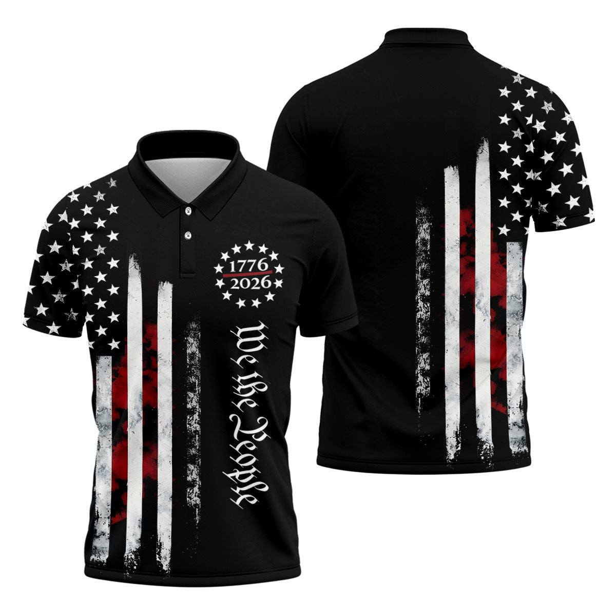 We The People Distressed Flag Patriotic Black Golf Shirt, 250 Years 4th Of July Golf Shirts For Men
