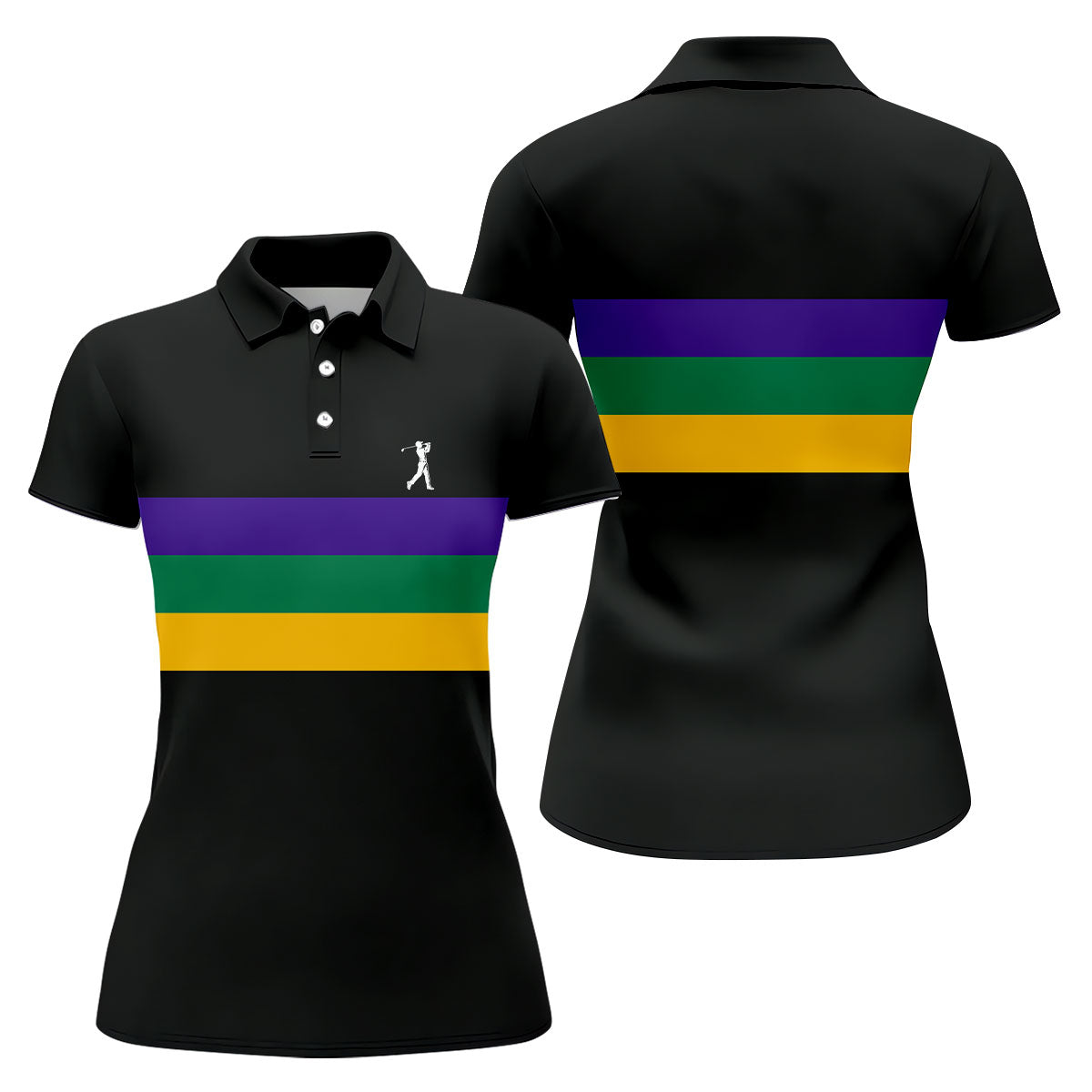 Mardi Gras Purple Green Gold Horizontal Stripes Black Golf Shirt, Women's Golf Shirts, Ladies Golf Polos