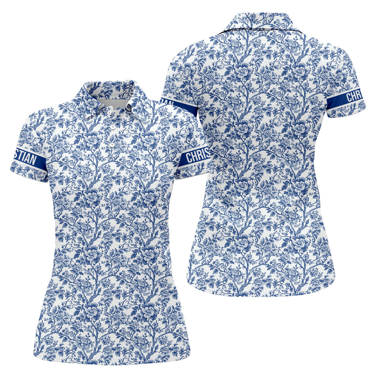 Toile De Jouy Blue Golf Shirt, Women's Golf Tops, Ladies Golf Shirts, Golf Gift For Ladies, Golf Shirt For Women