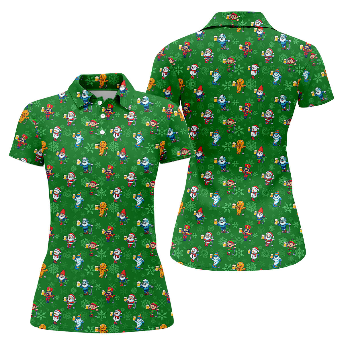 Christmas Characters Golf And Beer Green Women's Funny Golf Shirts, Christmas Golf Shirt, Polo ShirtFor Women