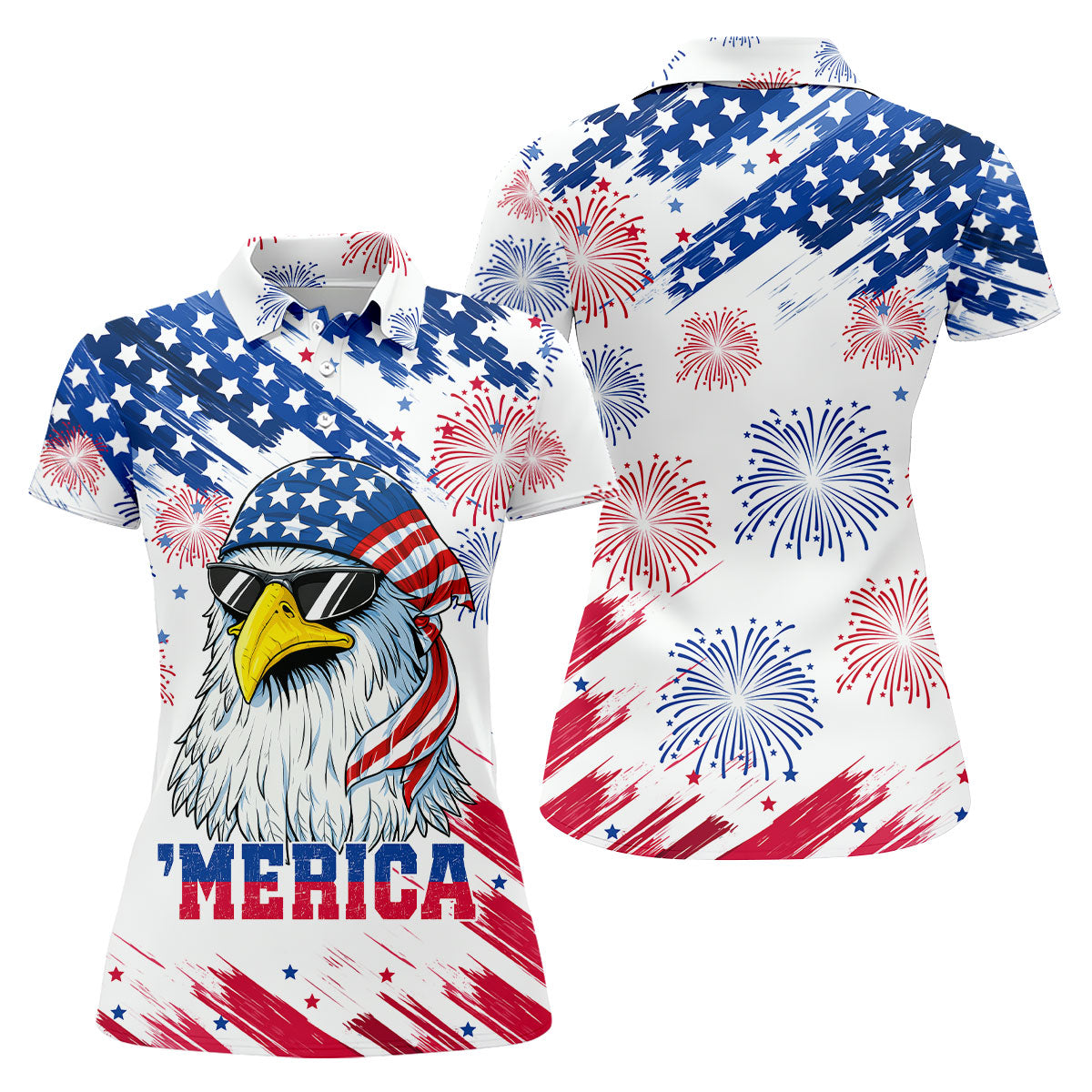 Cool Bald Eagle 4th Of July American Flag Pattern 4th Of July Women Golf Top, 250th Anniversary Patriotic Golf Shirt