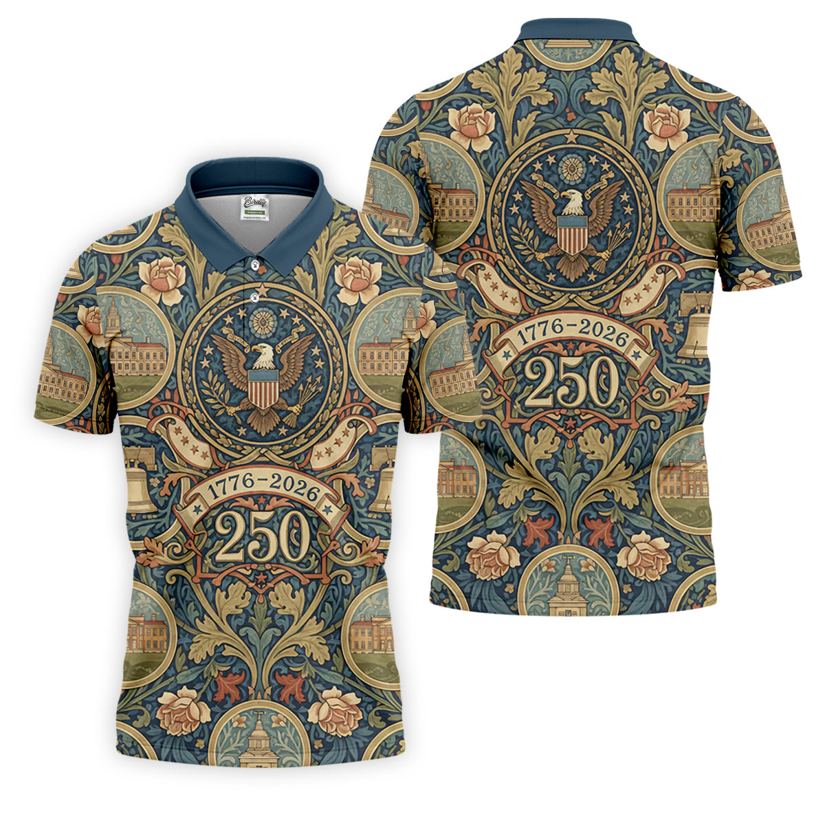 250th Anniversary Semiquincentennial American Landmarks Floral Golf Shirt, Golf Shirts For Men, Patriotic Golf Shirt