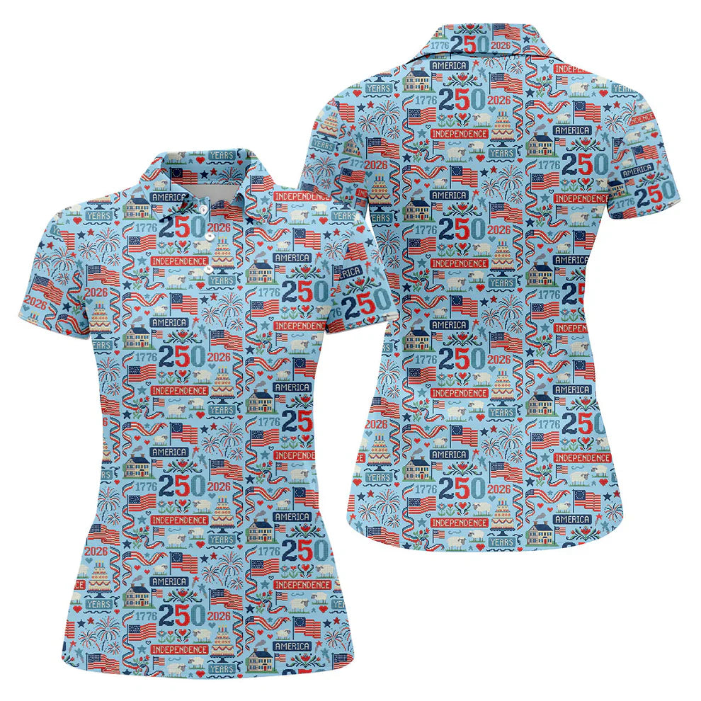 America Independence 250 Years Blue Golf Shirt, Patriotic 4th Of July Golf Shirt For Women