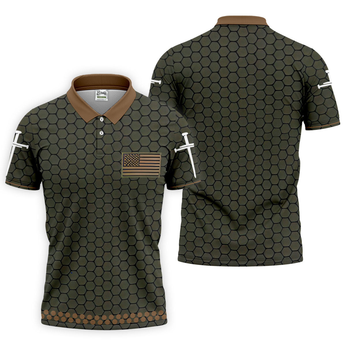 Faith Cross America 250 Anniversary Hexagonal Pattern Patriotic Golf Shirt, Golf Shirts For Men