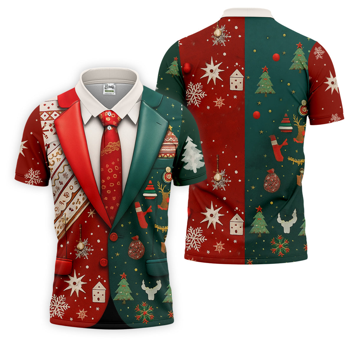 Red And Green Xmas Vintage Prints Men's Golf Polo Shirttmas Golf Shirt, Golf Gift For Men