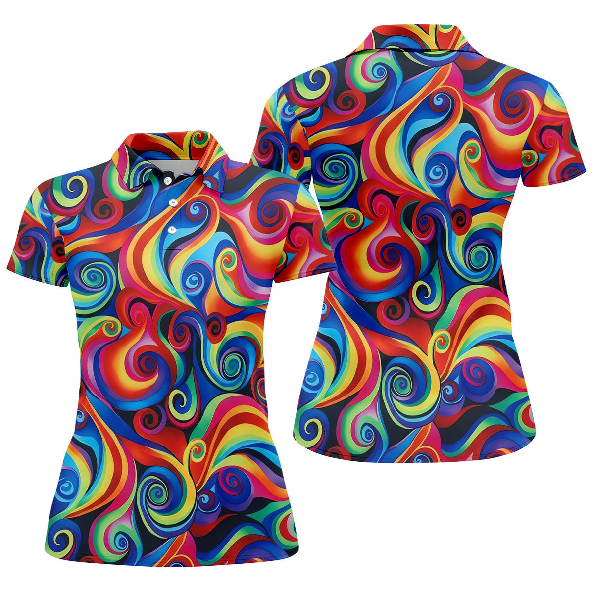 Colorful Rainbow Swirl Abstract Golf Shirt, Ladies Golf Shirts, Women’s Golf Apparel, Performance Golf Shirt