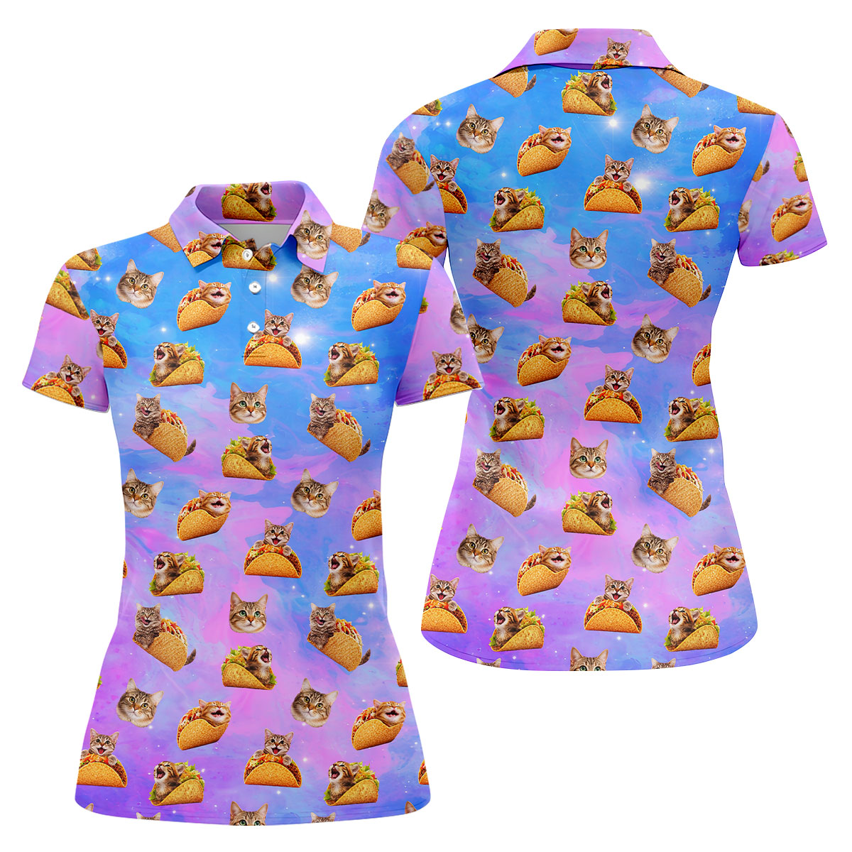 Funny Taco Cat Galaxy Pattern Golf Shirt, Women’s Golf Apparel, Ladies Golf Shirt