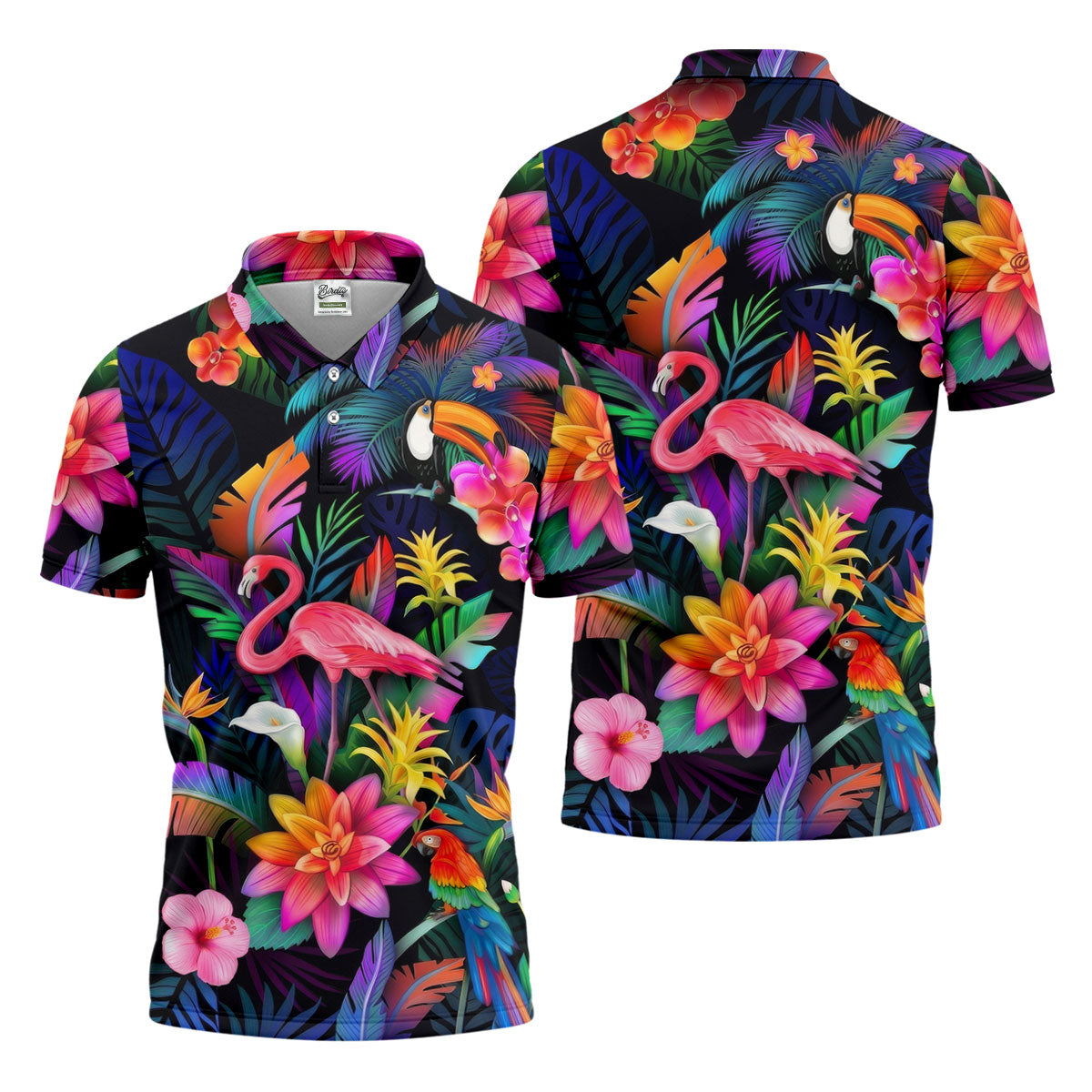 Colorful Tropical Birds And Flamingo Golf Shirt, Mens Golf Polo, Printed Golf Shirts