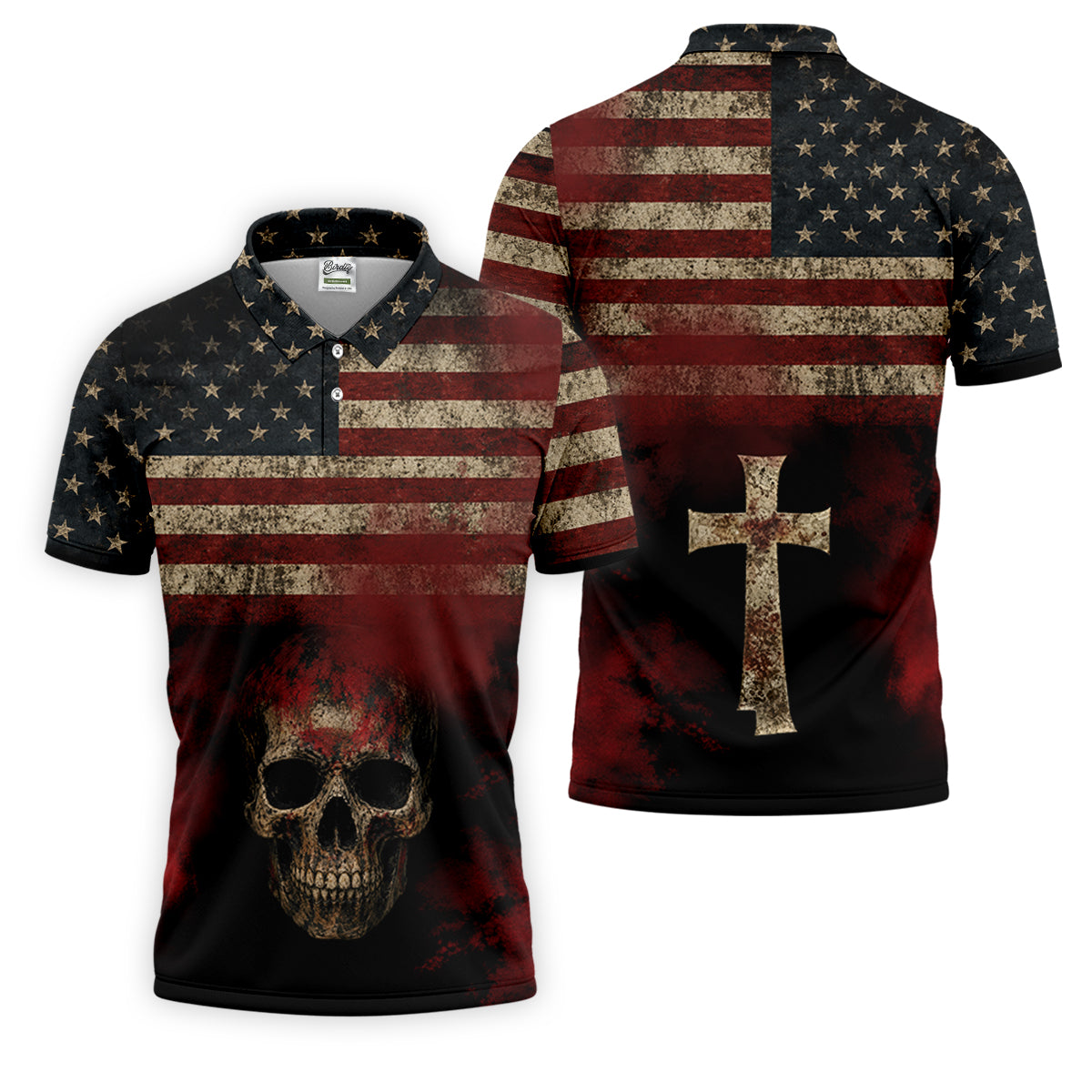 Cool Skull Faith Cross Distressed US Flag 4th Of July Golf Shirt, 250 Years Polo Shirtor Men