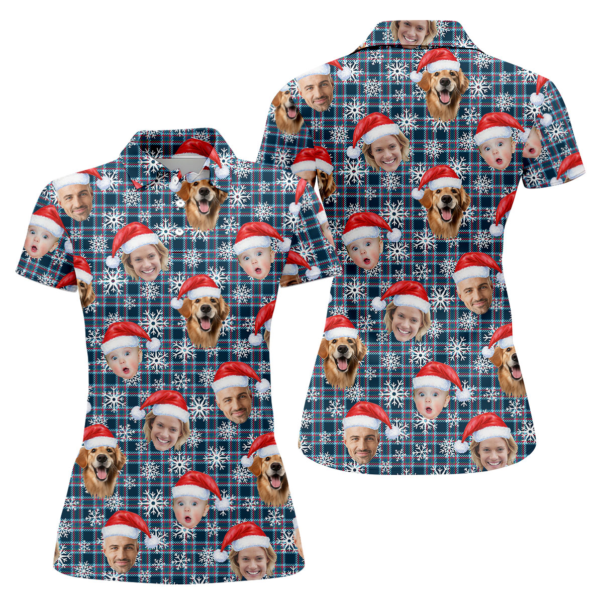 Custom Face Red And Blue Plaid Snowflakes Print Christmas Golf Shirt, Ladies Golf Tops, Golf Gifts For Women