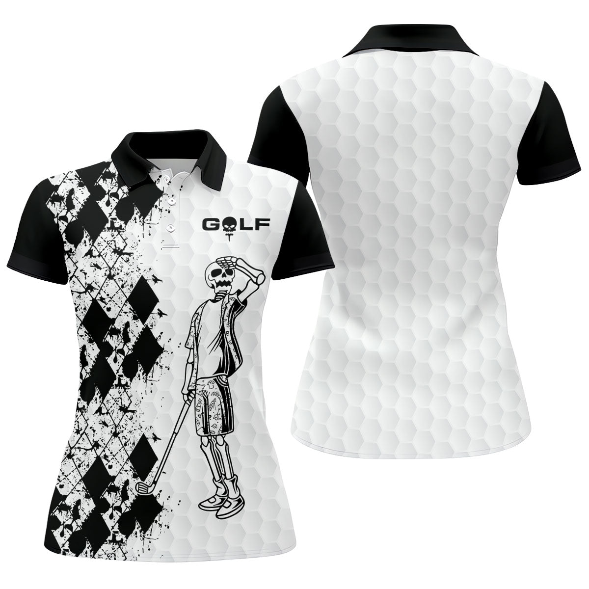 Golf Skeleton Splatter Effect Argyle Pattern Women's Golf Tops, Ladies Golf Shirts