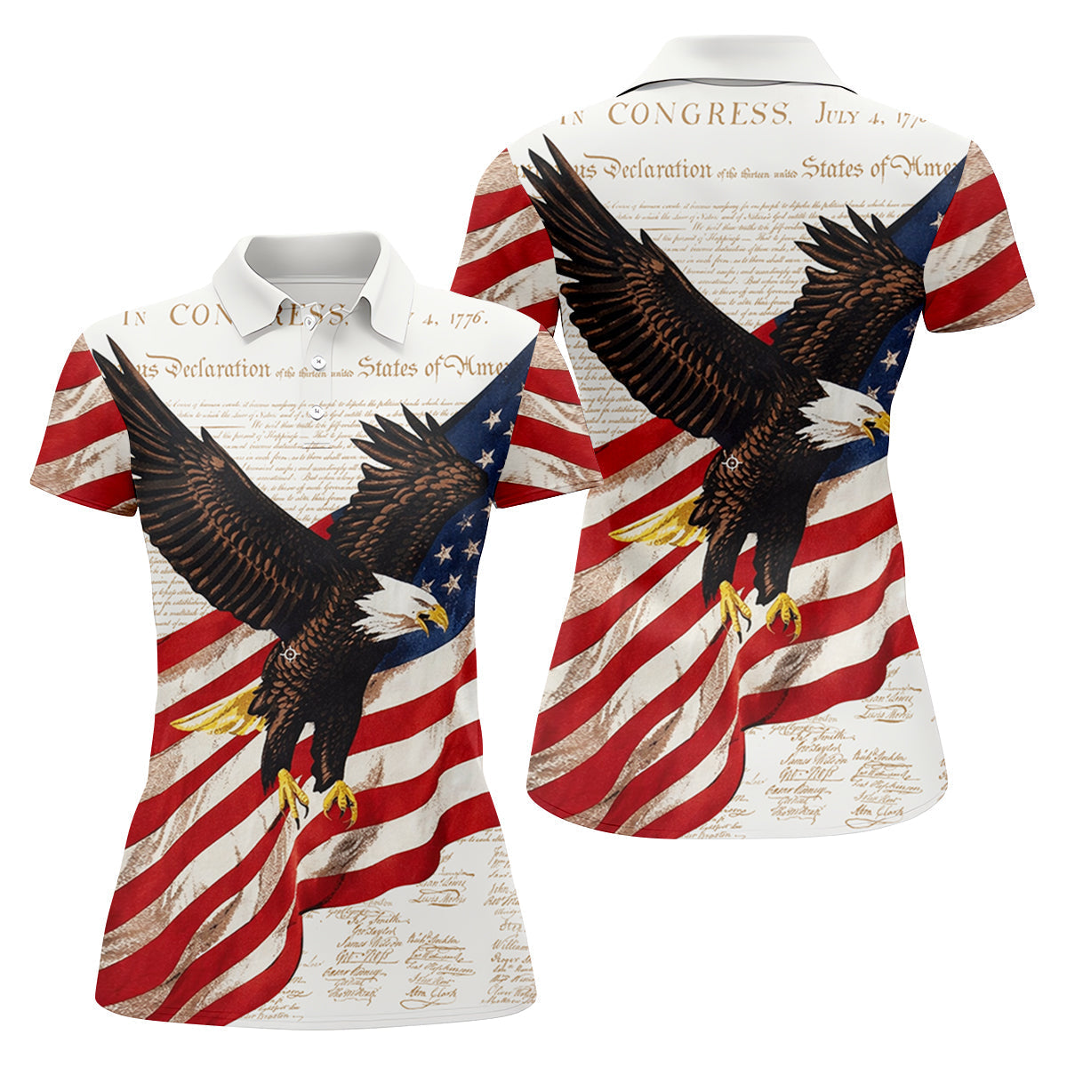 American Flag And Eagle Patriotic Pride Women's Golf Tops, 250th Anniversary Patriotic Ladies Golf Shirts
