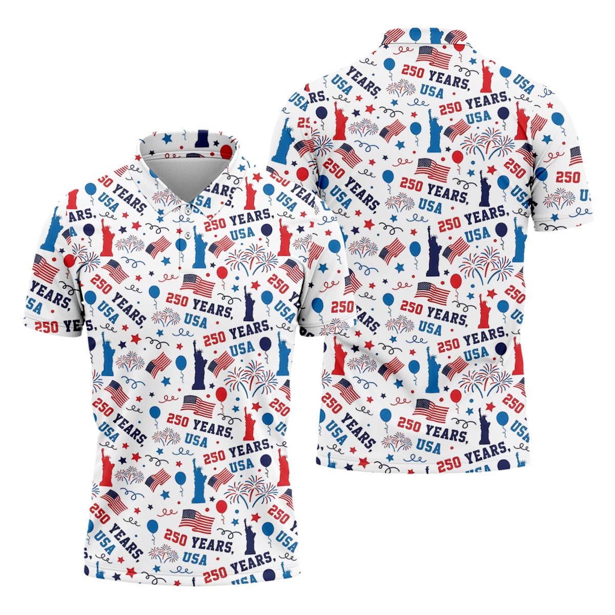 250 Years USA Red White Blue Seamless Pattern White Golf Shirt, Patriotic 4th Of July Golf Shirts For Men