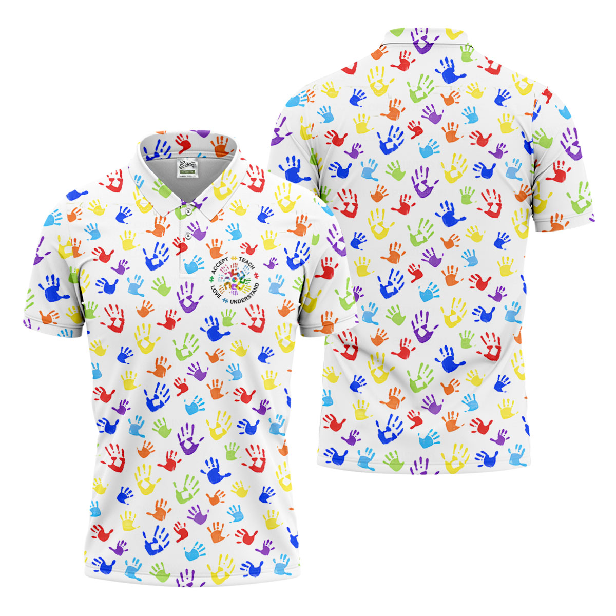 Accept Teach Understand Love Autism Awareness Colorful Handprint White Golf Shirt, Golf Shirts For Men