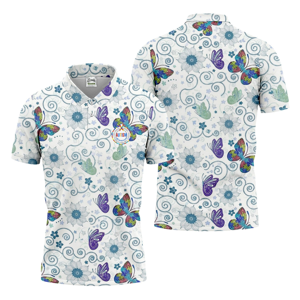 Autism Awareness Flower And Butterfly Puzzle Ribbon Men's Golf Shirt, Polo ShirtFor Men