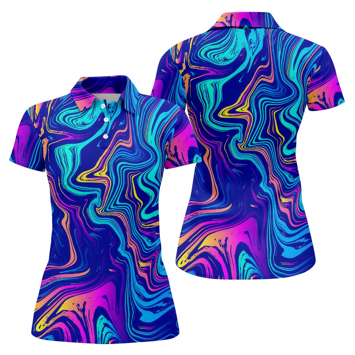 Vibrant Abstract Liquid Pattern Golf Shirt, Hawaiian Golf Shirt, Ladies Golf Tops, Performance Golf Shirt,
