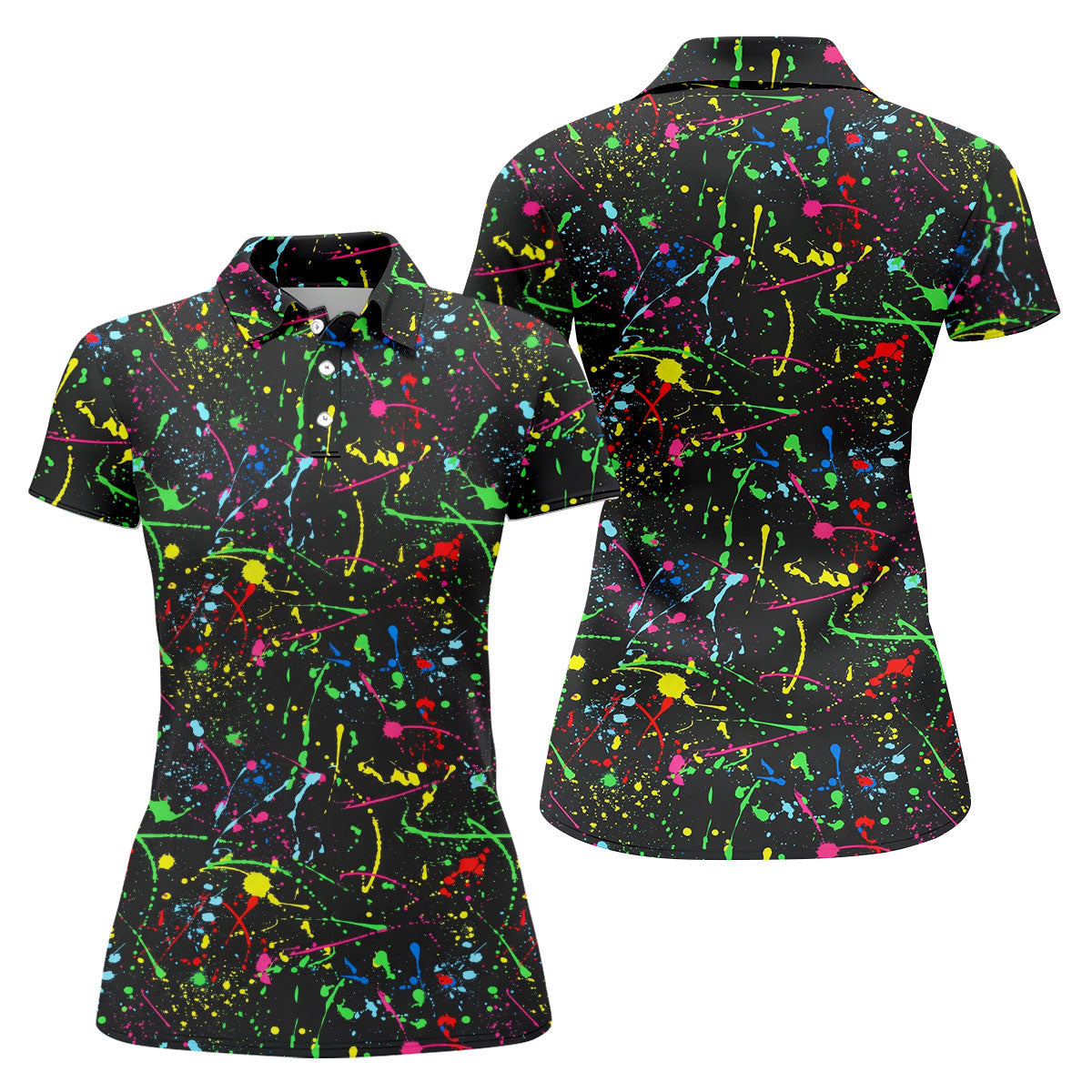 Neon Paint Splatter Pattern Golf Shirt, Women's Golf Shirt, Hawaiian Golf Shirt, Golf Polo For Women