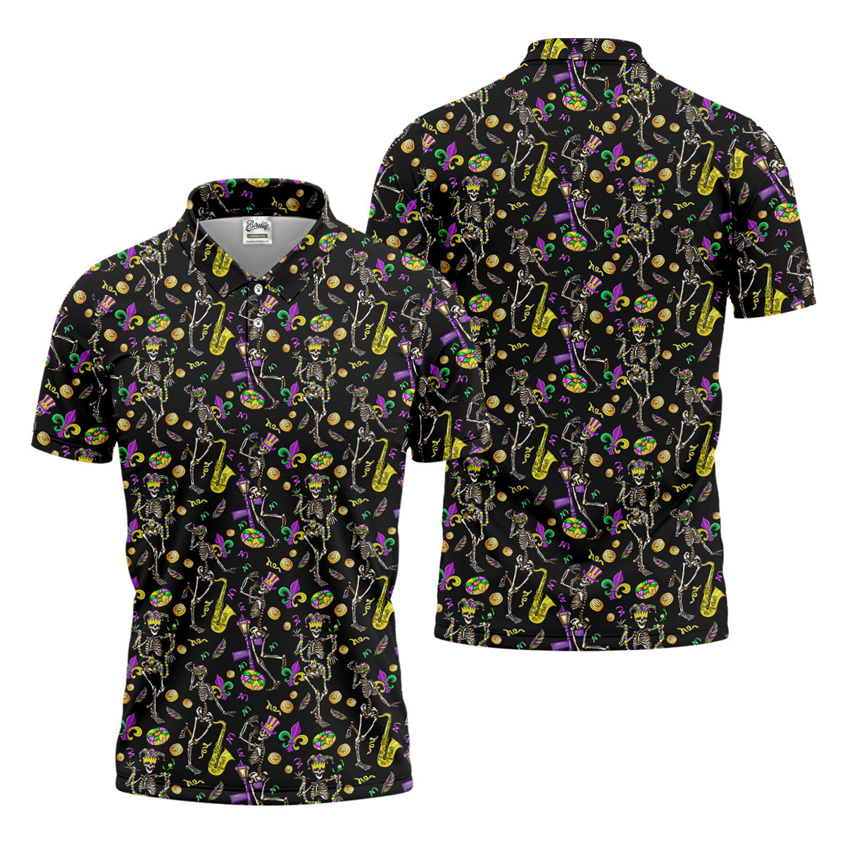 Dancing Skeleton Mardi Gras Fleur De Lis Black Golf Shirt, Polo ShirtFor Men, Golf Shirts For Men