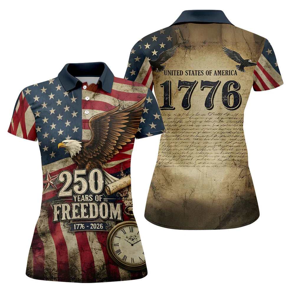 250 Years Of Freedom US Bald Eagle Retro US Flag Ladies Golf Tops, Patriotic 4th Of July Golf Shirt For Women