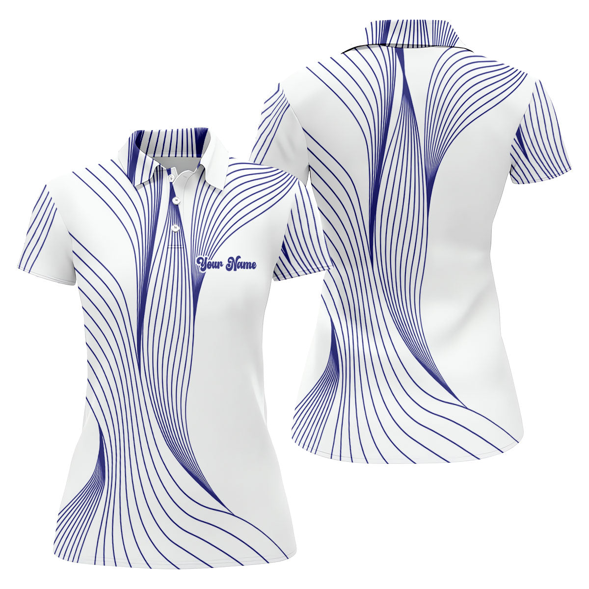 Geometric Line Wavy Line Purple And White Custom Name Women's Golf Tops, Ladies Golf Shirts, Women's Polo Shirt